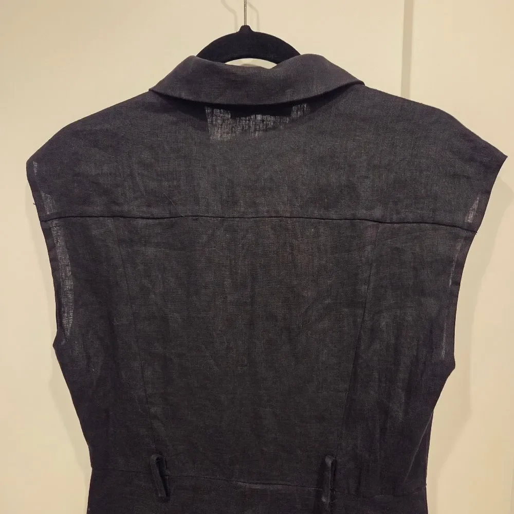 Mango Linen Women's Black Sleeveless Jumpsuit Crop Pant Button Front Pockets S